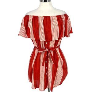 Faithfull The Brand Amalfi Rust Red Striped Off-Shoulder Dress Size Small